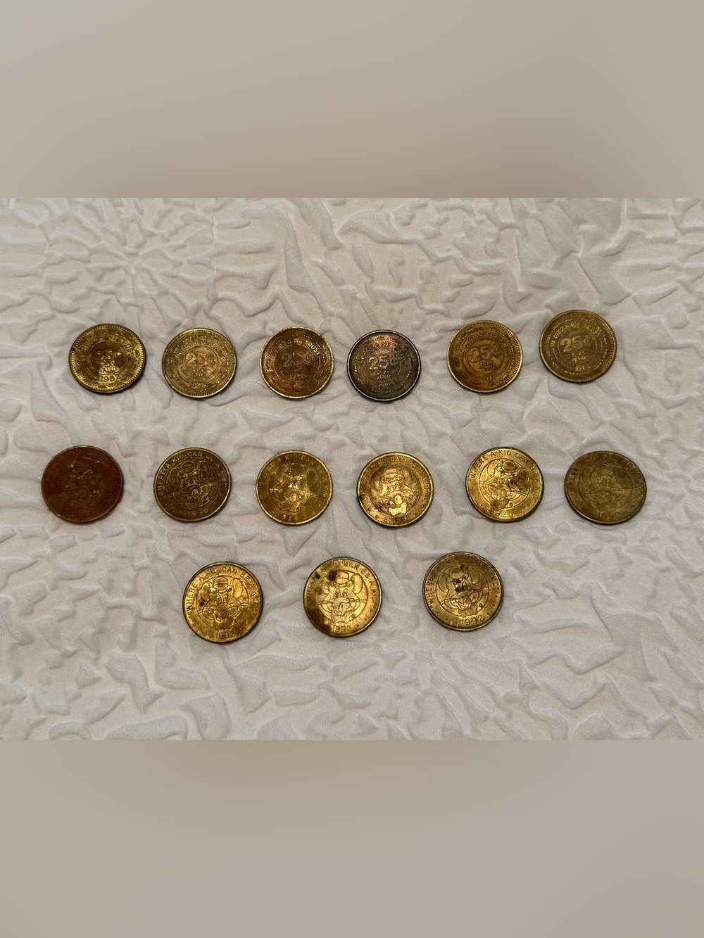 Chuck E Cheese arcade tokens - Lot Of 15 brass - used - vintage 1980's-1990's